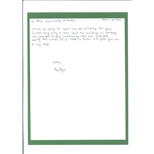 Letter of sympathy from a student at St. Anthony of Padua Parish School (Fairport Harbor, Ohio)