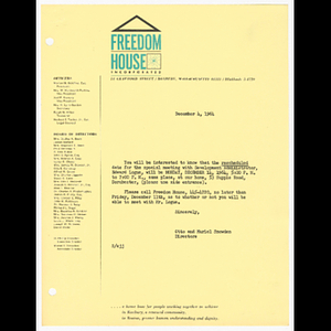 Letter from Otto and Muriel Snowden about rescheduled meeting on December 14, 1964 with Edward Logue