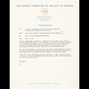 Memorandum from Joyce Grant to agencies and institutions working in Boston schools about Boston school improvement conference