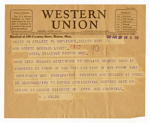 Telegram from T.J. Walsh to Robert Morss Lovett, August 25, 1927