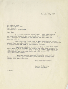 Letter from Calvin Martin to Leslie Mann (November 10, 1952)
