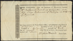 Marriage Intention of Nathaniel French of Bridgewater, Massachusetts and Betsy Waterman, 1811
