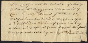 Marriage Intention of Benjamin Hammond of Carver, Massachusetts and Hannah Sturtevant, 1802
