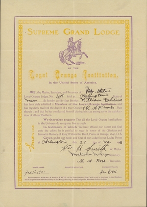Membership certificate issued by Bay State Loyal Orange Lodge, No. 418, to William Dobbins, 1911 March 24.