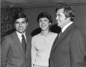 Massachusetts Governor Michael S. Dukakis, Appeals Court Judge Charlotte Perretta, and Suffolk University Law School Dean David J. Sargent at a swearing in ceremony