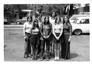 Members of Suffolk University's Humanities Club standing in street, 1972