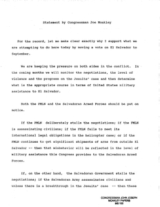 Statement by John Joseph Moakley regarding negotiations between Frente Farabundo Marti para la Liberacion Nacional (FMLN) and Salvadoran Armed Forces as well as U.S. military aid to El Salvador