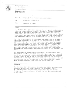 The Comptroller General of United States' decision regarding a case involving the National Fire Protection Association (File B-224221, B-224221.2), 2/5/1987