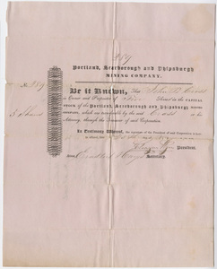John B. Cross stock certificate of the Portland, Scarborough and Phipsburgh Mining Company