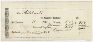 Edward Hitchcock receipt of payment to Amherst Academy, 1845 March 20