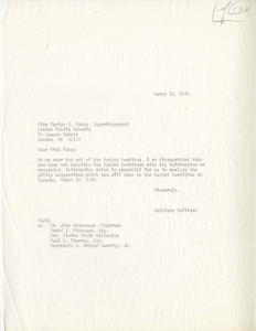 Letter from Kathleen Sullivan, Boston School Committee member, to Marion J. Fahey, Superintendent of Boston Public Schools, 1976 March 12