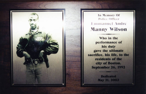 Plaque dedicating Boston Housing Authority Police Station to the memory of Emmanuel Andre (Manny) Wilson