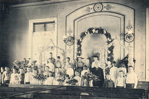 Sanctuary FCCM with frescoes and Sunday School in late 1800s