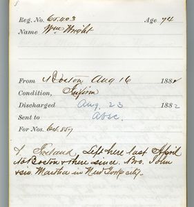 Tewksbury Almshouse Intake Record: Wright, William