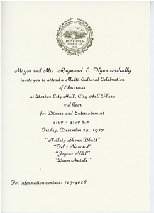 Invitation from Mayor and Mrs. Raymond L. Flynn to a multicultural Christmas celebration at Boston City Hall