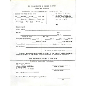 Application for voluntary student transfer 1975 - 1976.