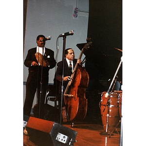 Israel "Cachao" Lopez (with bass) and fellow musicians performing in the Café Teatro series.
