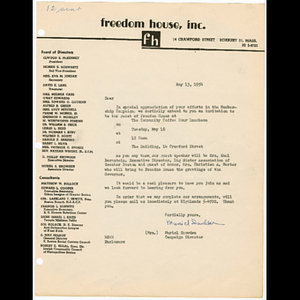 Letter from Muriel Snowden advertising Freedom House Coffee Hour Luncheon