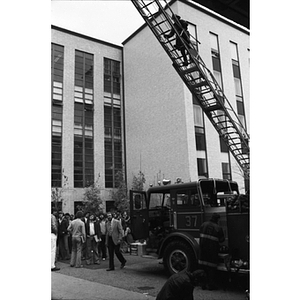 A fire truck outside the Ell Student Center during a fire