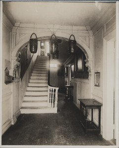 Interior view of the Royall House, entrance hall, Medford, Mass., undated
