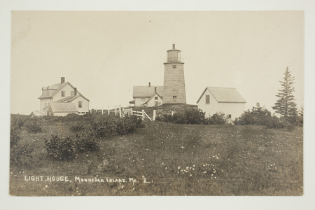 Postcard, Monhegan Island Lighthouse, houses and buildings from across a field, Monhegan Island, Maine