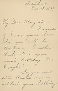 Letter from Aunt Elizabeth to Margaret A. Little, Fitchburg, Mass., dated December 13, 1897