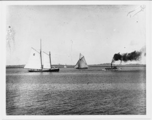 Lantern slide depicting pilot schooner Varuna with tugboat and sloop, Boston Harbor, Mass., undated