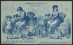 Trade card for Johnson, Clark & Co., New Home Sewing Machines, Orange, Mass., undated