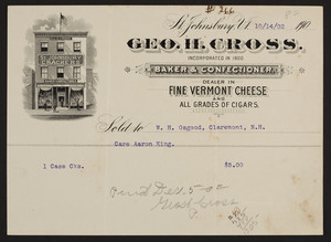 Billhead for Geo. H. Cross., baker & confectioner, Saint Johnsbury, Vermont, dated October 14, 1902