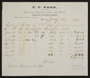 Billhead for P.C. Page, butter, cheese, lard, and eggs, Stall No. 24, Suffolk Market, Boston, Mass., dated January 10, 1879