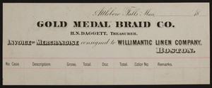 Billhead for the Gold Medal Braid Co., Attleboro Falls, Boston, Mass., 1800s