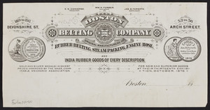 Letterhead for the Boston Belting Company, original manufacturers of rubber belting, steam packing, engine hose and India rubber goods of every description, 189 to 195 Devonshire and 52 to 56 Arch Streets, Boston, Mass., 1878