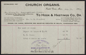 Billhead for Hook & Hastings Co., Dr., church organs, Kendal Green, Mass., dated August 21, 1920