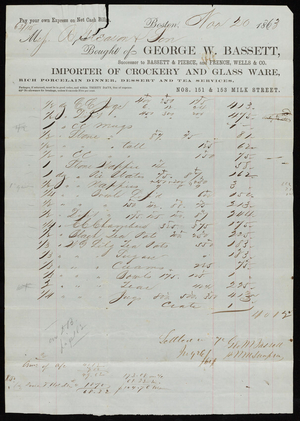Billhead for George W. Bassett, importer of crockery and glass ware, Nos. 151 & 153 Milk Street, Boston, Mass., dated November 20, 1863