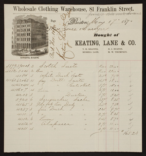 Billhead for Keating, Lane & Co., clothing, 81 Franklin Street, Boston, Mass., dated May 17, 1871