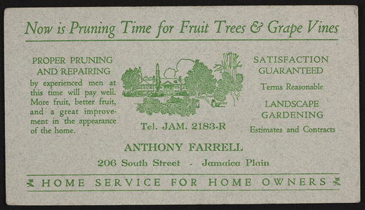 Trade card for Anthony Farrell, landscape gardening, 206 South Street, Jamaica Plain, Mass., 1920-1940