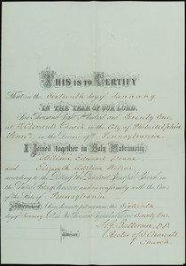 Marriage certificate: William Edward Doane (1842-1923) and Elizabeth Adeline (Wilson) Doane (1846-1932)