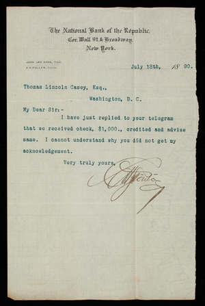 Charles H. Stout to Thomas Lincoln Casey, July 18, 1890