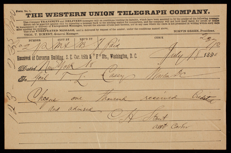 Charles H. Stout to Thomas Lincoln Casey, July 18, 1890, telegram