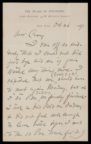 Henry L. Abbot to Thomas Lincoln Casey, October 26, 1891