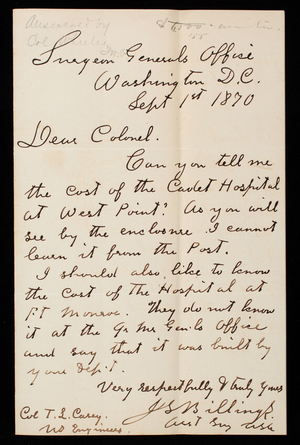 [John Shaw] Billings to Thomas Lincoln Casey, September 1, 1870