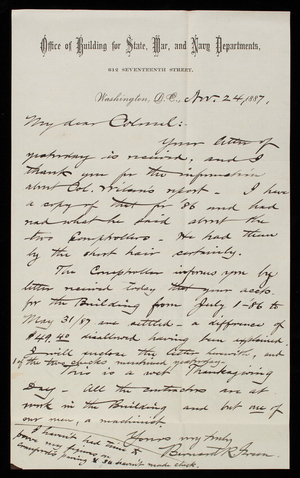 Bernard R. Green to Thomas Lincoln Casey, November 24, 1887