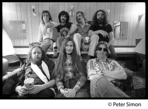 Grateful Dead backstage (rear, left to right): Bob Weir, Mickey Hart, Bill Kreutzman,Jerry Garcia; (front) Keith Godchaux, Donna Godchaux, Phil Lesh