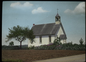 white church or meeting house in field with shrubs and tree)