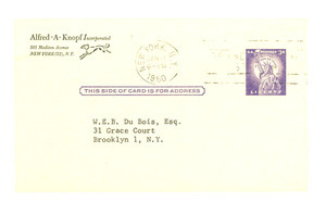 Postcard from Alfred A. Knopf, Inc. to W. E. B. Du Bois
