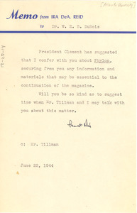 Memo from Ira De A. Reid to W. E. B. Du Bois