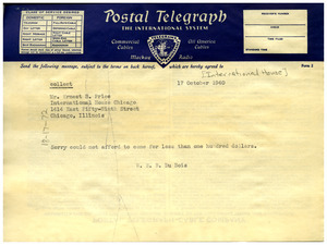 Telegram from W. E. B. Du Bois to International House Chicago