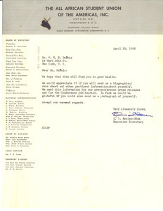 Letter from All African Student Union of the Americas to W. E. B. Du Bois