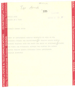 Telegram from Sovietskaya Rossija Newspaper to Shirley Graham Du Bois