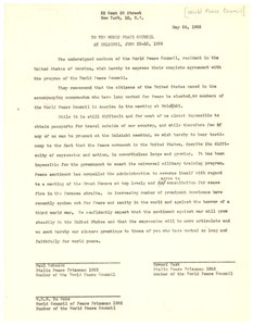 Letter from W. E. B. Du Bois, Paul Robeson, and Howard Fast to World Peace Council at Helsinki